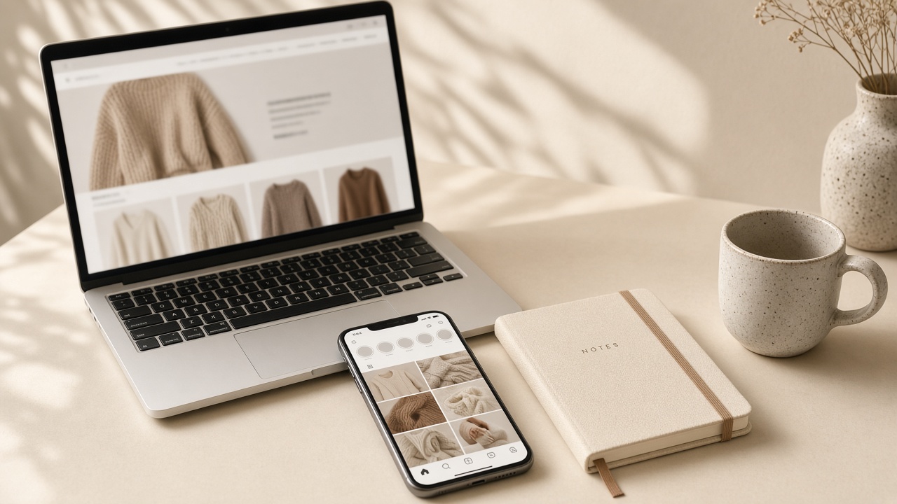 Desk with a store on the laptop and a product grid on the phone