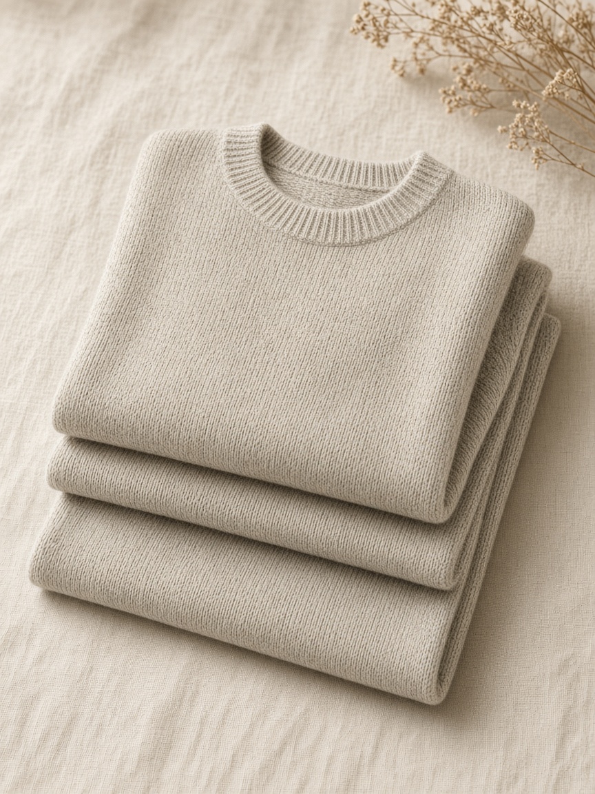 Soft Knit Set in oatmeal, folded on linen