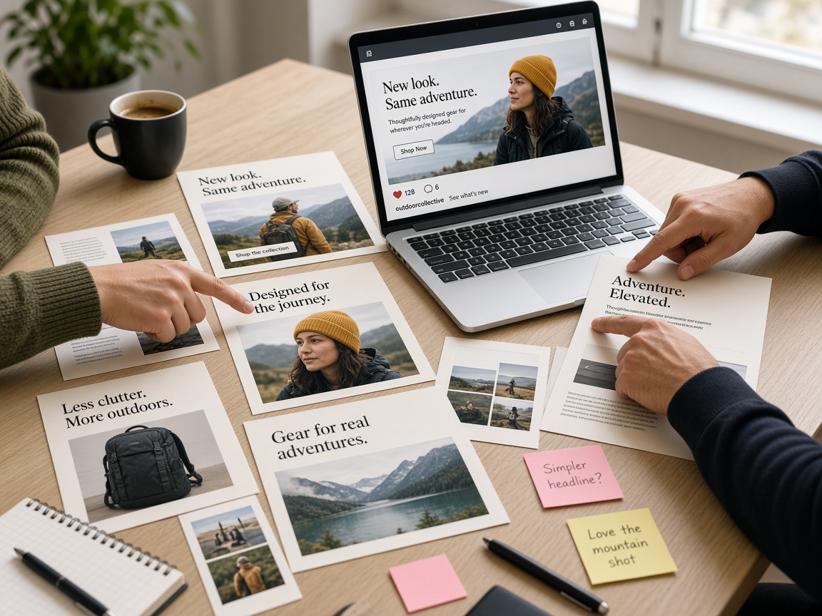 A creative team reviewing printed ad concept variations at a desk