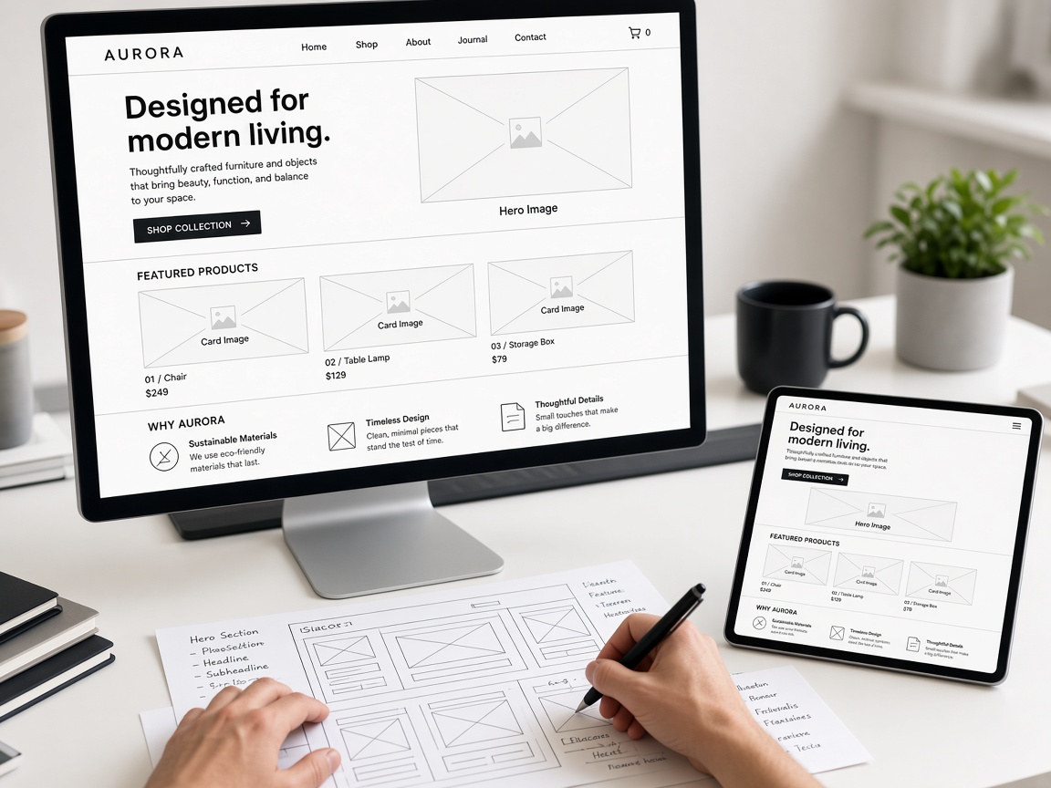 A designer's workspace with a landing page design on a monitor and wireframe sketches