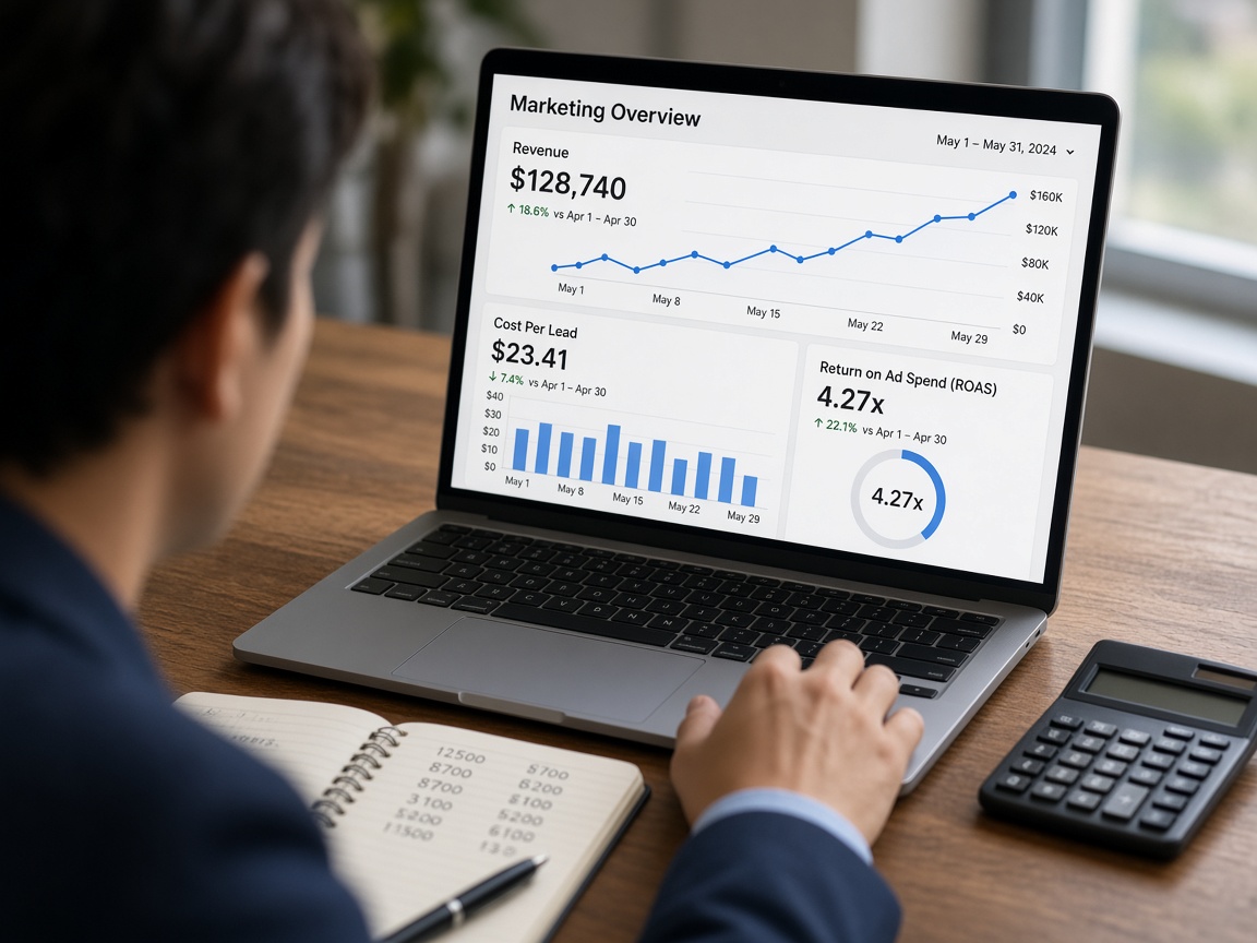 A business owner reviewing a marketing analytics dashboard on a laptop