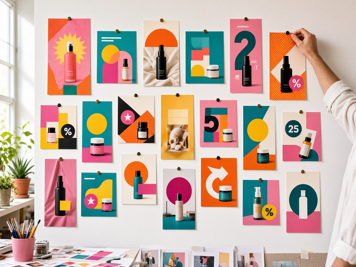 A wall of colorful ad concept variations in a bright studio